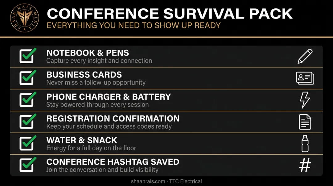 Professional conference survival pack checklist with six essential items