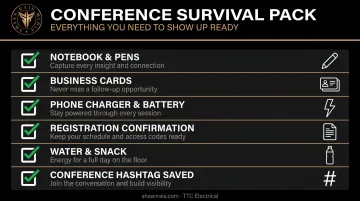 Professional conference survival pack checklist with six essential items