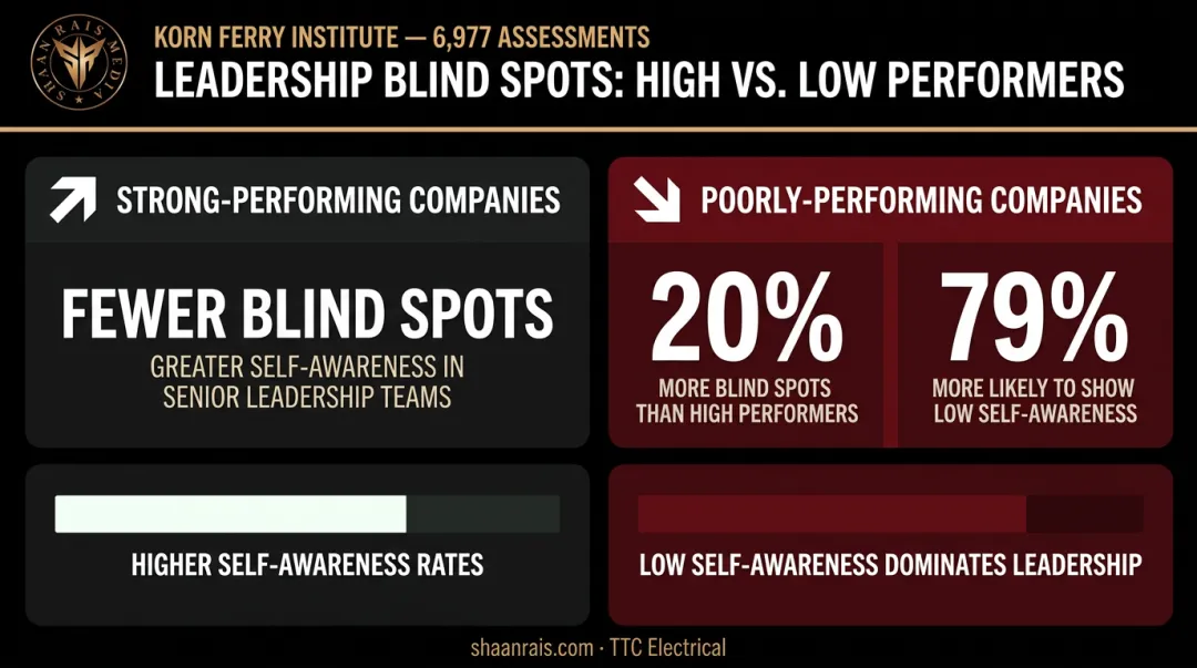 Leadership blind spots comparison high performing versus low performing companies statistics infographic