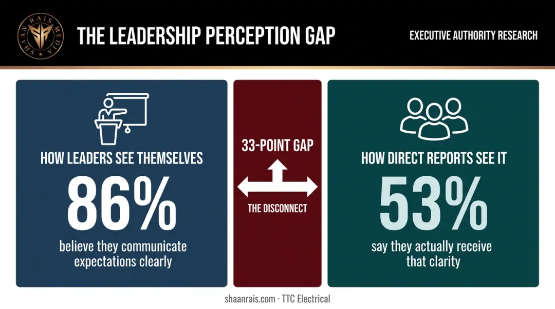 Leader self-perception versus employee reality 86 versus 53 percent disconnect infographic