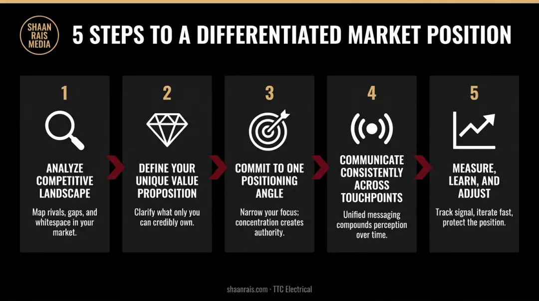 Five-step differentiated market positioning framework process flow for service businesses