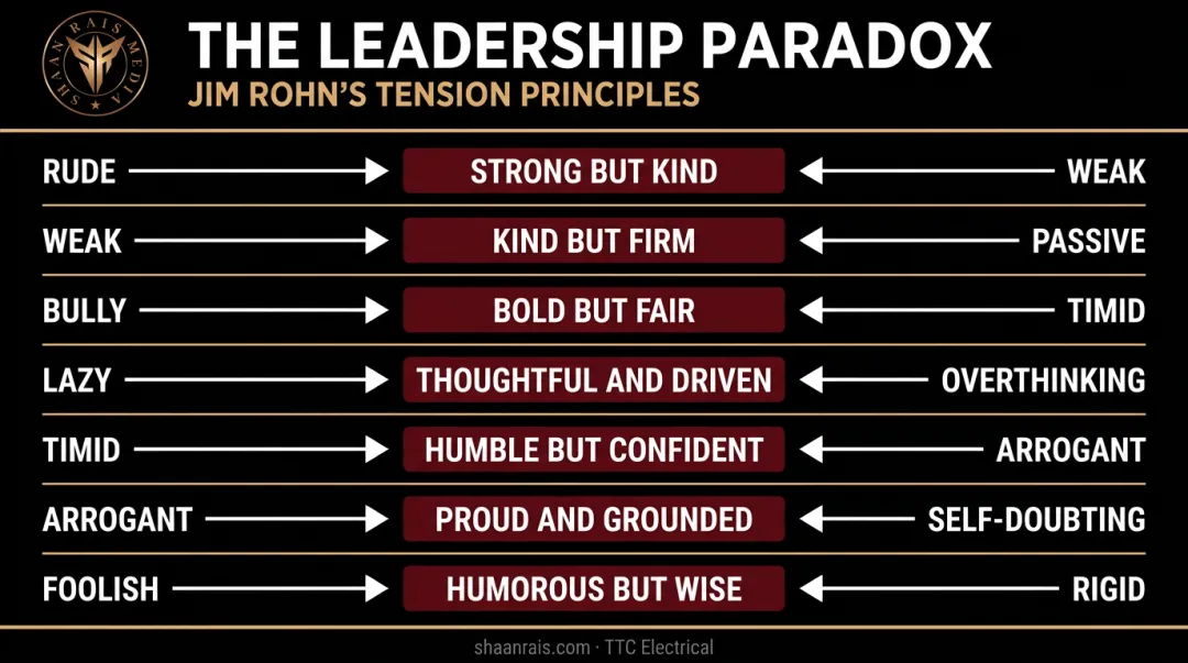 Jim Rohn seven leadership paradox pairs tension balance comparison infographic