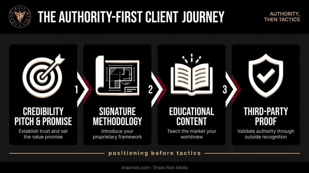 Four-part authority positioning framework sequence from pitch to proof