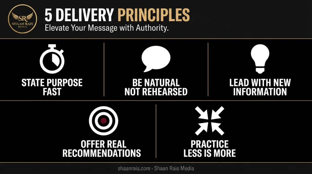 5 delivery principles for executive conversations comparison chart with icons
