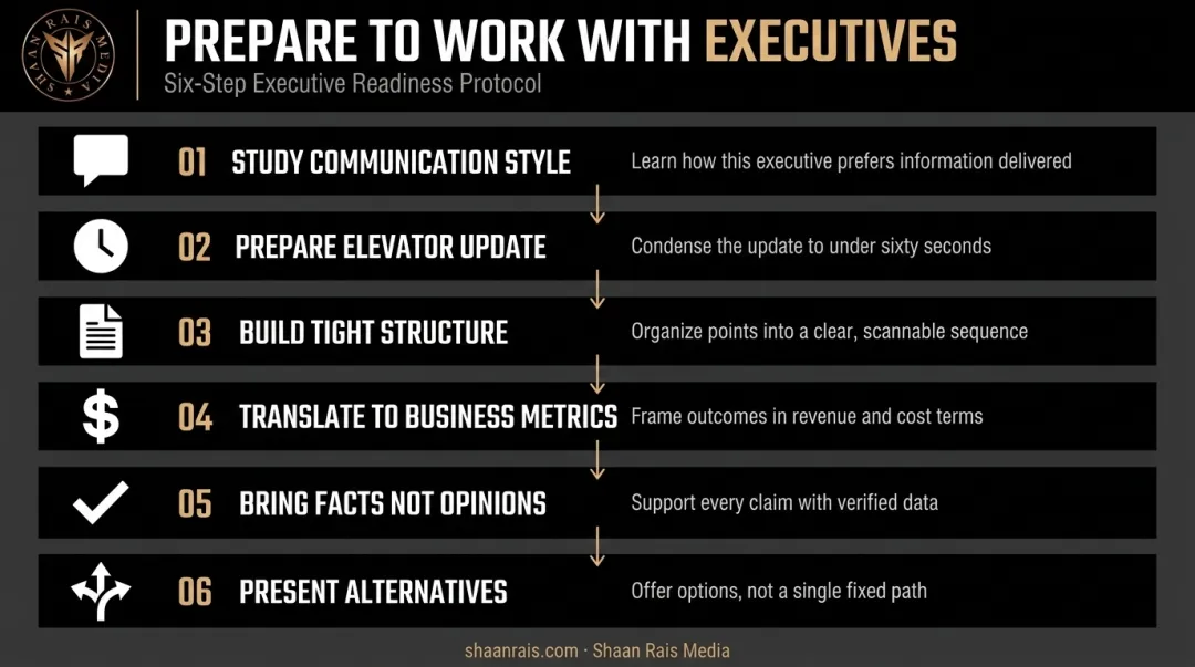 6-step executive presentation preparation framework from style research to alternatives
