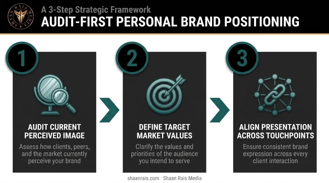 three-step audit-first personal branding process flow diagram