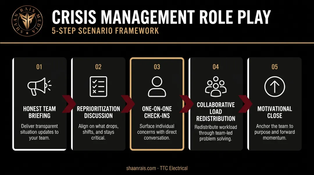 5-step crisis management leadership role play scenario process flow diagram