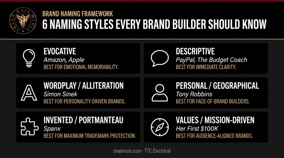 Six personal brand naming styles comparison with examples and best use cases