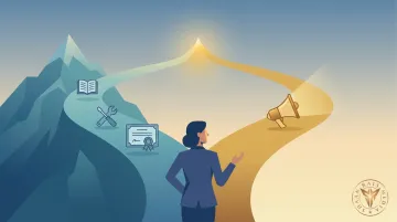 professional standing at crossroads between skill mastery and market visibility