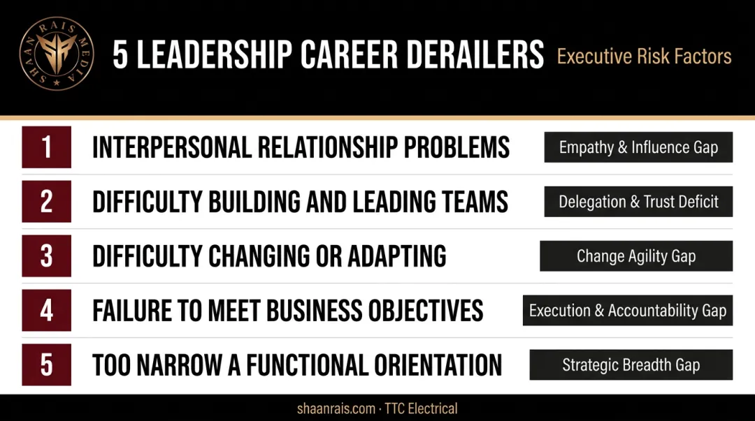 Five leadership career derailers linked to missing competencies breakdown infographic