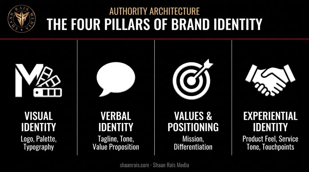 Four pillars of brand identity system visual verbal values experiential