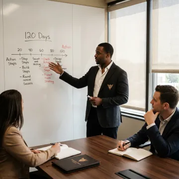 Business coach guiding a 120-day growth planning session