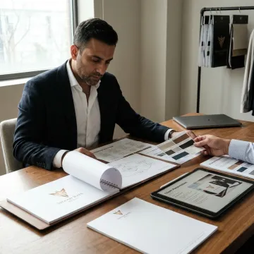 Designer reviewing branded uniforms and merchandise samples