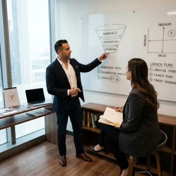 Brand strategist coaching an entrepreneur through a positioning plan