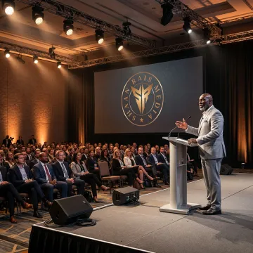 Distinguished speaker presenting to a business audience