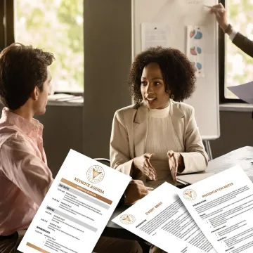 Executive event planning session with keynote materials