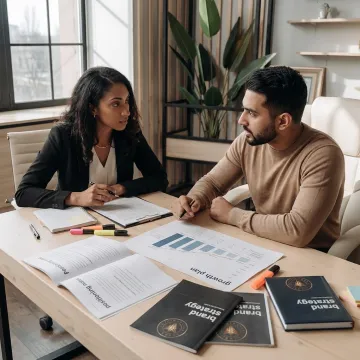 Business coach reviewing brand strategy with entrepreneur