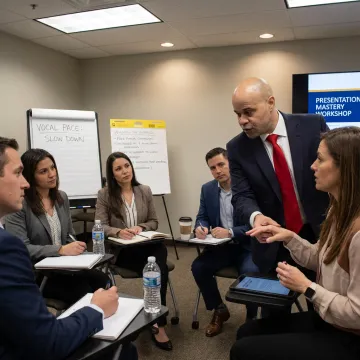 Public speaking coach guiding a training session