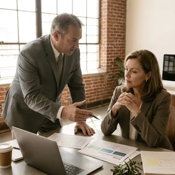 Consultant reviewing brand strategy with executive