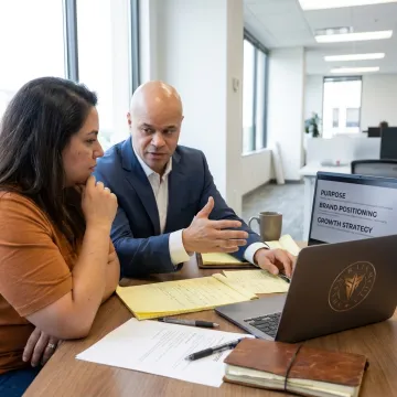 Holistic business coach advising founder on purpose and positioning