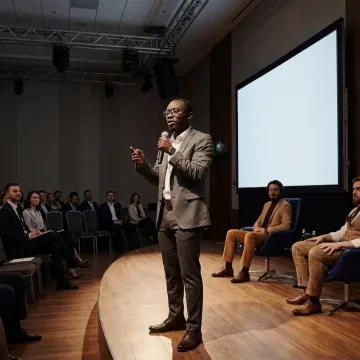 Entrepreneur speaking on stage to business audience