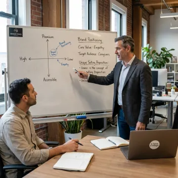 Business coach guiding entrepreneur through positioning strategy