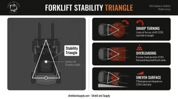 Forklift stability triangle diagram showing center of gravity tipping risk factors