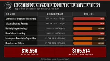 Top OSHA forklift violations table with regulatory citations and penalty amounts