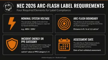 Four required NEC 2026 arc-flash label elements infographic with icons and descriptions