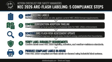 Five-step NEC 2026 arc-flash label compliance process checklist infographic