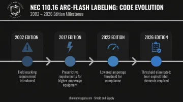 NEC arc-flash labeling evolution timeline from 2002 to 2026 code editions