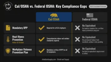 Cal/OSHA versus federal OSHA three key differences comparison infographic