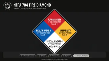 NFPA 704 fire diamond four-quadrant layout with color codes and hazard scales