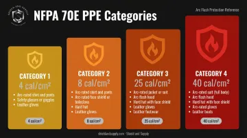Four NFPA 70E arc flash PPE categories minimum arc ratings and required protection equipment