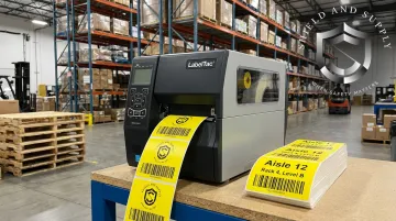 LabelTac industrial label printer producing warehouse rack barcode labels