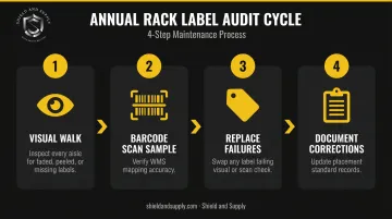 4-step annual warehouse rack label audit process checklist infographic