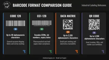 Warehouse barcode format comparison Code 128 GS1-128 Data Matrix QR Code