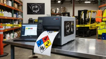 LabelTac industrial label printer producing NFPA 704 hazard diamond safety labels