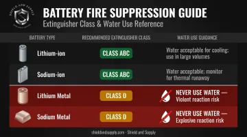 Battery fire suppression method comparison chart four chemistries water use guidelines
