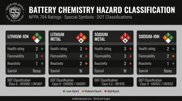 Battery chemistry NFPA 704 ratings comparison chart lithium sodium ion infographic