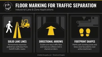 Three floor tape marking types for pedestrian and forklift lane separation