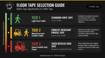Floor marking tape selection guide by traffic level light foot forklift heavy zones