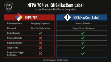 NFPA 704 versus GHS HazCom label side-by-side feature comparison infographic