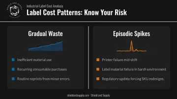 Two manufacturing label cost patterns gradual waste versus episodic spikes comparison