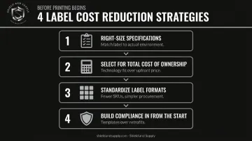 Four upfront label cost reduction decision strategies process flow infographic