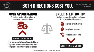 Label material over-specification versus under-specification cost impact comparison infographic