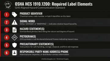 Six mandatory OSHA GHS HCS label elements compliance requirements infographic
