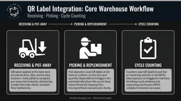 QR code label role across three warehouse workflow stages comparison chart