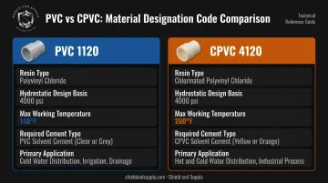 PVC 1120 versus CPVC 4120 material designation code comparison infographic