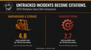Manufacturing and warehousing workplace injury rates per 100 workers comparison infographic
